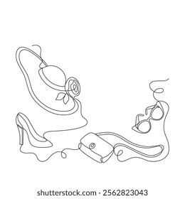 Women accessories drawn with continuous line in minimalism, abstract style, hat, bag, sunglasses, stiletto heeled shoes, fashionista, lady style, copy space, one line, editable vector contour