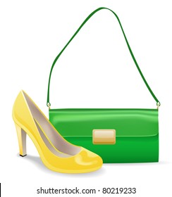 Women accessories green bag and yellow shoe. Isolated on white background.