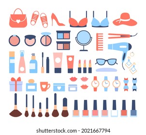 Women accessories icons set on white background. Beautiful woman objects for casual fashion trendy look. Lipstick shoes clothing bra cosmetic watch nail polish perfume. Color flat vector illustration.