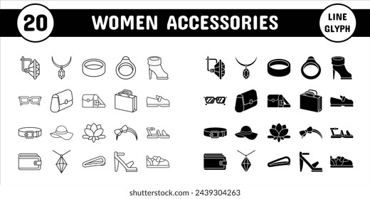 Women Accessories Line Glyph Vector Illustration Icon Sticker Set Design Materials