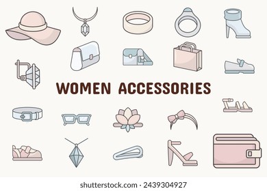 Women Accessories Lineal Color Vector Illustration Icon Sticker Set Design Materials