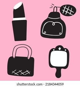 Women accessories. Lipstick, bag, perfume, hand mirror. Hand drawn vector icons on pink background.