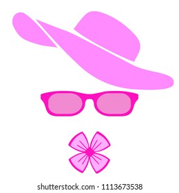 Women accessories. Pink hat, glasses and bow. Vector flat design illustration.