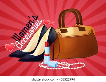 Women accessories, Set of fashion collection. Logo, design. Shoes, jewelry, handbags, sunglasses