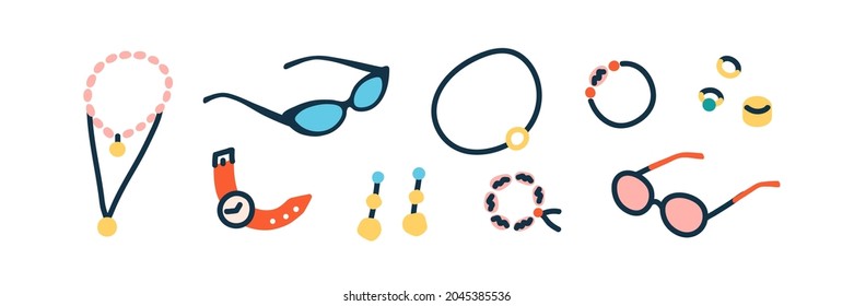 Women accessories set. Gold rings, necklaces, earrings, bracelets, pendants, watches and summer sunglasses. Fashion jewelery items for woman. Flat vector illustration isolated on white background