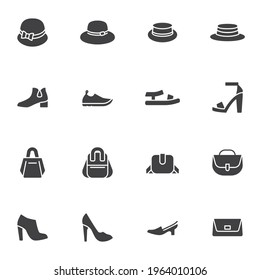 Juego de iconos de vectores de accesorio femenino, colección moderna de símbolos sólidos, paquete de pictogramas estilo relleno. Señales, ilustración del logotipo. El juego incluye iconos como sombrero, sandalias, mochila, bolsa de embrague, bolso de mano