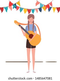 women with acoustic guitar on white background