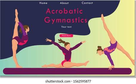  Women Acrobatic Gymnastics Sport Life. Flat Vector Illustration, Design for Banner, Poster, Header, Advertising. Young Female Healthy Lifestyle Concept. Acrobatic Gymnastics landing page design