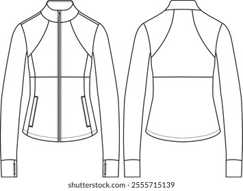 Women Active Mock neck zip-up jacket, shoulder cut and princess seam, welt pockets, thumbholes at cuff, sketch front and back