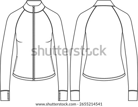 Women Active Mock neck zip-up jacket, slim fit, Raglan long sleeves, front side pockets, thumbholes at cuff sleeve, sketch front and back, illustration, clothing design activewear