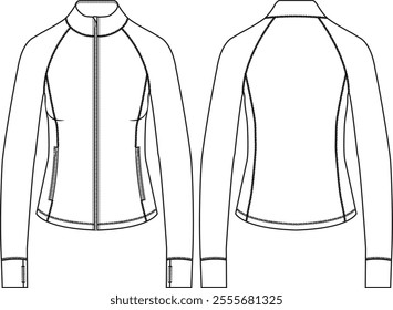 Women Active Mockneck zip-up jacket, Raglan sleeves, princess seams, zippered pockets and thumbholes at cuff sleeve, sketch front and back