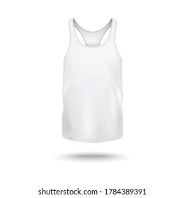 Women active wear t-shirt or vest top white blank template front view, realistic vector illustration isolated on white background. Sleeveless sport tank top mockup.