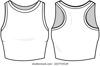 Women Activewear Crop Top, Racer Back crop top Front and Back View. Fashion Illustration, Vector, CAD, Technical Drawing, Flat Drawing, Template, Mockup.	