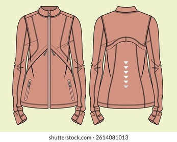 Women activewear high neck full zip through jacket technical drawing fashion flat sketch vector illustration template front and back views outline CAD mockup template