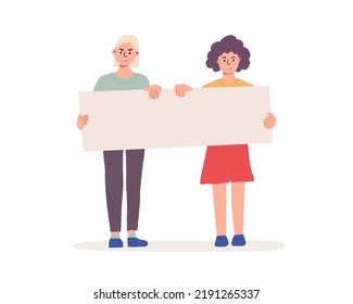 Women activists holding a blank placard. Protest for human rights and social equality. An advertising template or advertisement. Participating in a peaceful demonstration. Vector flat.