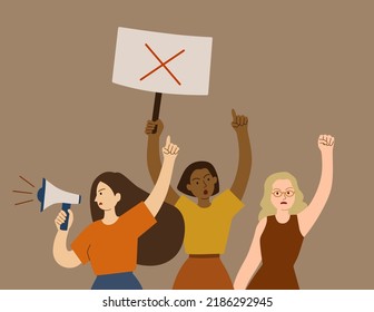 Women activists participate in the protest, meeting, marsh. Young females holding a banner, pointing up finger, shouting into a loudspeaker, giving a speech. Feminists defend the Women's Rights.
