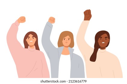 Women activists with raised fists at protest, demonstration. Woman fighting for equality at strike. Female protestors. Feminism concept. Flat graphic vector illustration isolated on white background