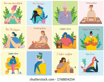 Women activities backgrounds. Women doing yoga, cooking, reading and working concept in the modern flat style