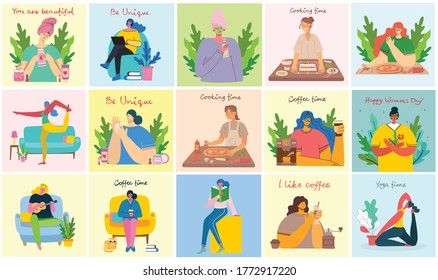 Women activities backgrounds. Women doing yoga, cooking, reading and working concept in the modern flat style