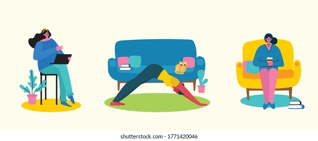 Women activities backgrounds. Women working, doing yoga, drinking coffee at home concept in the modern flat style