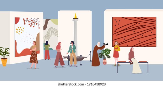 Frauenaktivität in der Kunstgalerie des Museums mit Cartoon-Flachbild-Vektorgrafik