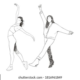Women activity pose doodle. Black and white style tattoo. Vector illustration sketch. Use for decoration, sticker, logo, wall decor, pattern and more.