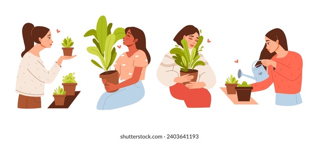 Women admire, water and hug the potted plants. Home gardening and growing houseplants. Organic gardening. Eco-friendly concept. Vector illustration.