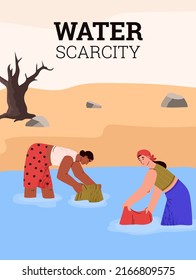 Women in Africa washing clothes in pond due to water scarcity, poster template flat vector illustration. Nature cataclysm and drought problems. People suffering from lack of drinking water.