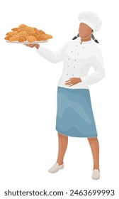 women African American character baker in uniform holding a plate with fresh croissants