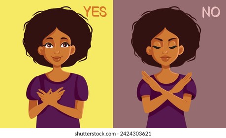
Women of African Ethnicity Saying Yes and No Vector Character. Girl showing both positive and negative feedback response 
