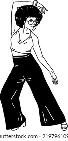 Women Afro Hair 60s 70s Style Disco Dancing Hand Drawn Line Art Illustration