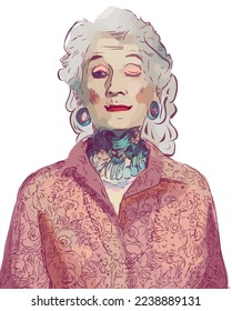 Women after 50 with tattoos. Tattoed senior lady posing. Alternative fashion and style for older people. Vector colorful illustration of elders with piercing. Isolated on white background.