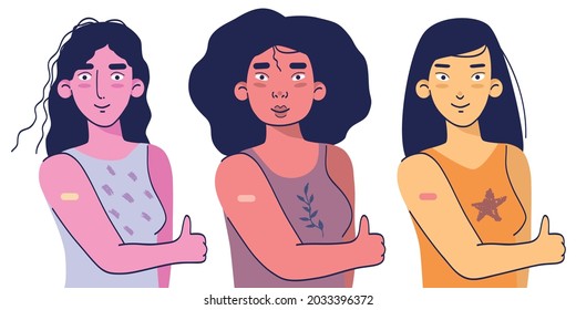 Women after getting vaccine. Multicultural flat vector cartoon illustration.