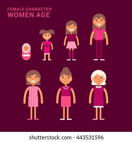 Women age. Life cycle. Different generations of women. From a cradle to a grave. Flat vector illustration