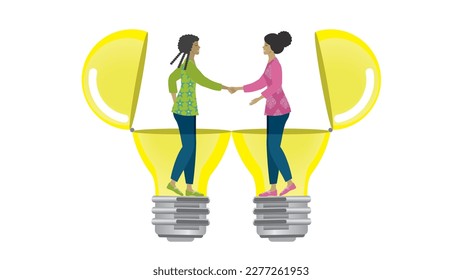 Women in agreement about idea. Shaking hads. Isolated on white. Vector illustration.