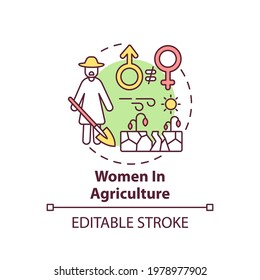 Women In Agriculture Concept Icon. Climate Justice Idea Thin Line Illustration. Vector Isolated Outline RGB Color Drawing. Rights Protection. Use Female Labor In Agriculture. Editable Stroke