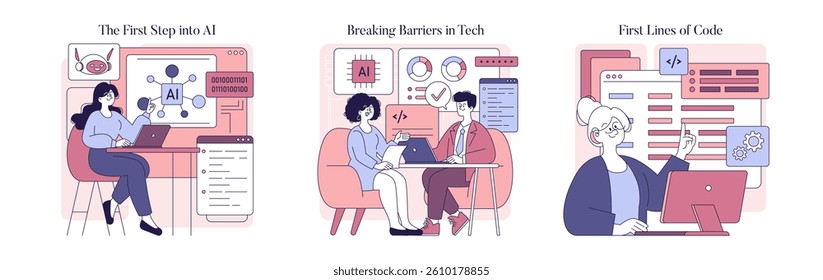 Women in AI represent innovation and advancement. The scenes illustrate their journey from initial learning to coding and collaboration in technology, showcasing empowerment and breaking barriers.
