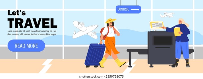 Women in airport banner concept. Young girl with baggage and luggage inside terminal. Tourism and travels, flights. Journey and vacations, holiday. Cartoon flat vector illustration