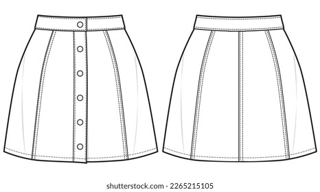 Women A-line Button Down Denim Mini Skirt Front and Back View. Fashion Illustration, Vector, CAD, Technical Drawing, Flat Drawing, Template, Mockup.	