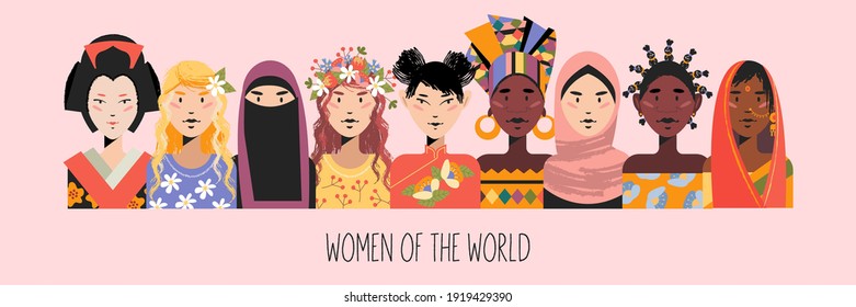 Women from all over the world. Women in traditional outfits. Vector illustration.