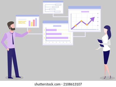 Women analysing diagrams, brainstorming. Marketing research results presentation. Colleagues discuss statistical indicators, business statistics. Female employees work with financial data analysis