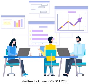 Women analysing diagrams, brainstorming. Marketing research results presentation. Colleagues discuss statistical indicators, business statistics. Female employees work with financial data analysis