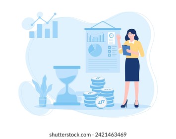 women analyze data graphs of growth and money earnings trending concept flat illustration