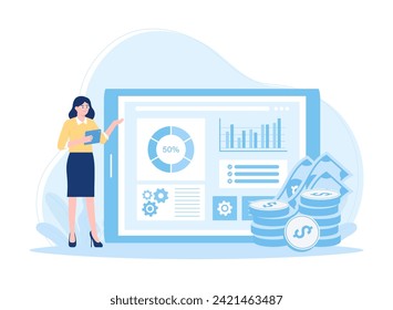 women analyze data graphs of growth and money earnings trending concept flat illustration