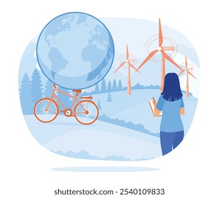 Women analyze sustainable economic growth. Green energy, environmentally friendly. Natural resources concept. Flat vector illustration.