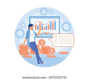 Women are analyzing statistical charts. Learn how to manage finances. Financial education concept. Flat vector illustration.