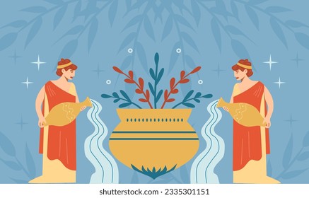 Women of ancient Greece with vases and a plant. The mythology of ancient Greece and Rome. Vector illustration.