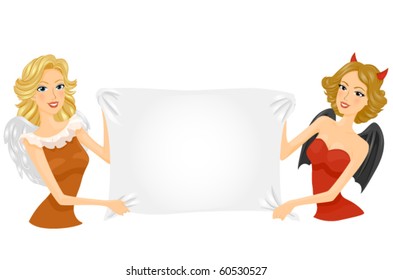 Women in Angel and Devil Costumes holding a Banner - Vector