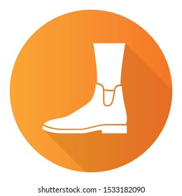 Women ankle boots orange flat design long shadow glyph icon. Chelsea trendy shoes side view. Female flat heel footwear for fall season. Ladies clothing accessory. Vector silhouette illustration