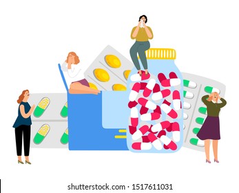 Women and antidepressants. Sedatives, medical treatment for depression. Vector crying girls and pills